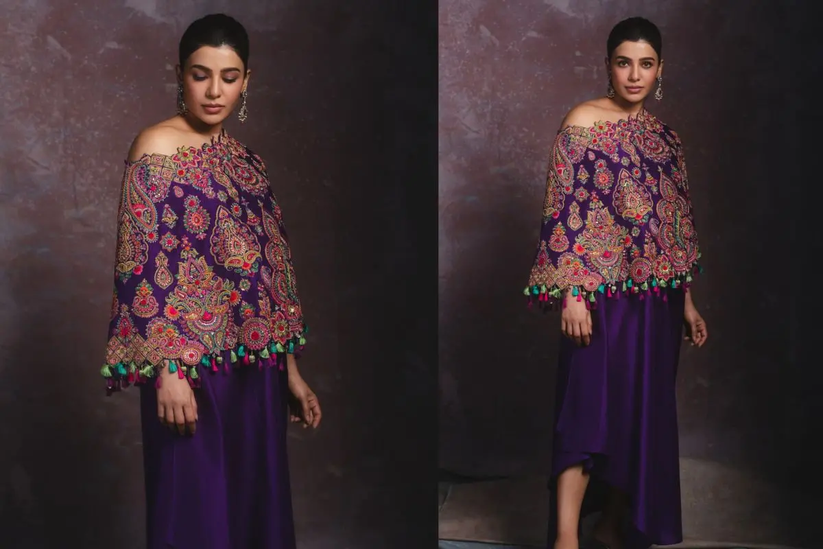 Samantha Ruth Prabhu in a purple resham and zardozi-embroidered cape and silk skirt by Mrunalini Rao. Photos | X