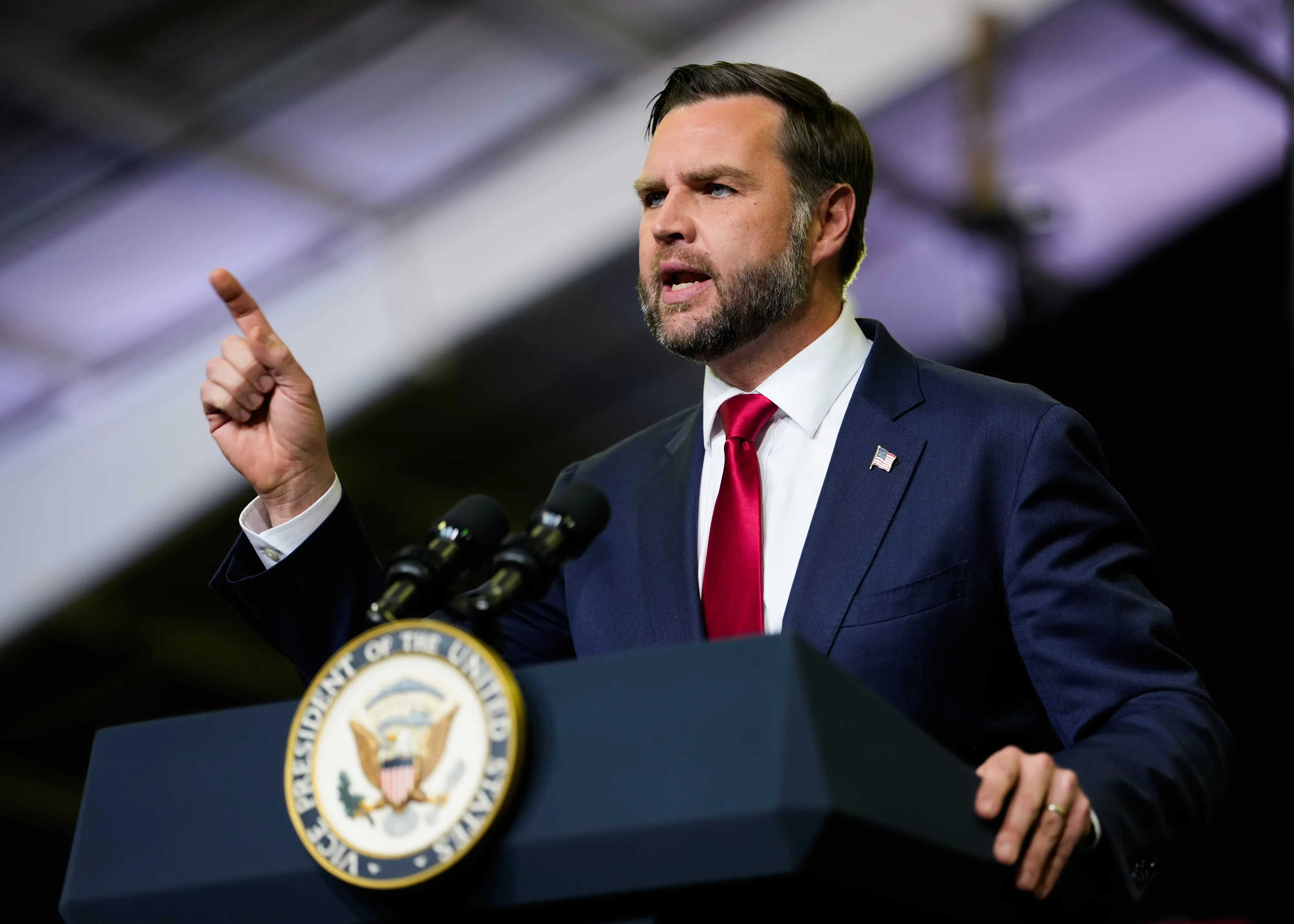 US Vice President JD Vance speaks at a midterm campaign rally at the LevelUp Training Complex in Monroe.| Photo: PTI