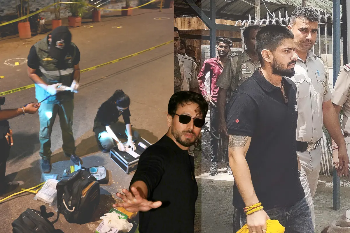 Forensic officials conduct investigation at the crime scene where gunmen opened fire at Bollywood actor Tiger Shroff; Actor Tiger Shroff; Lawrence Bishnoi | Photos: PTI