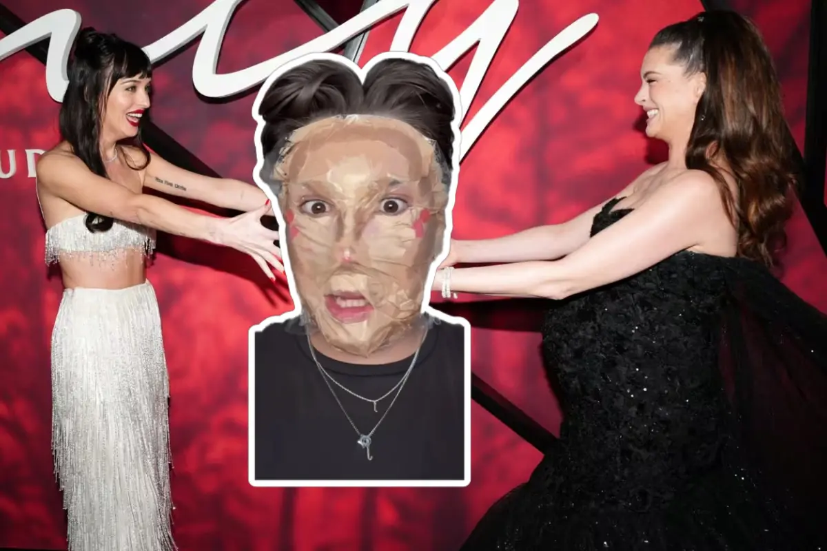 Anne Hathaway and Dakota Johnson react to TikTok's viral plastic wrap makeup hack. Photos | X