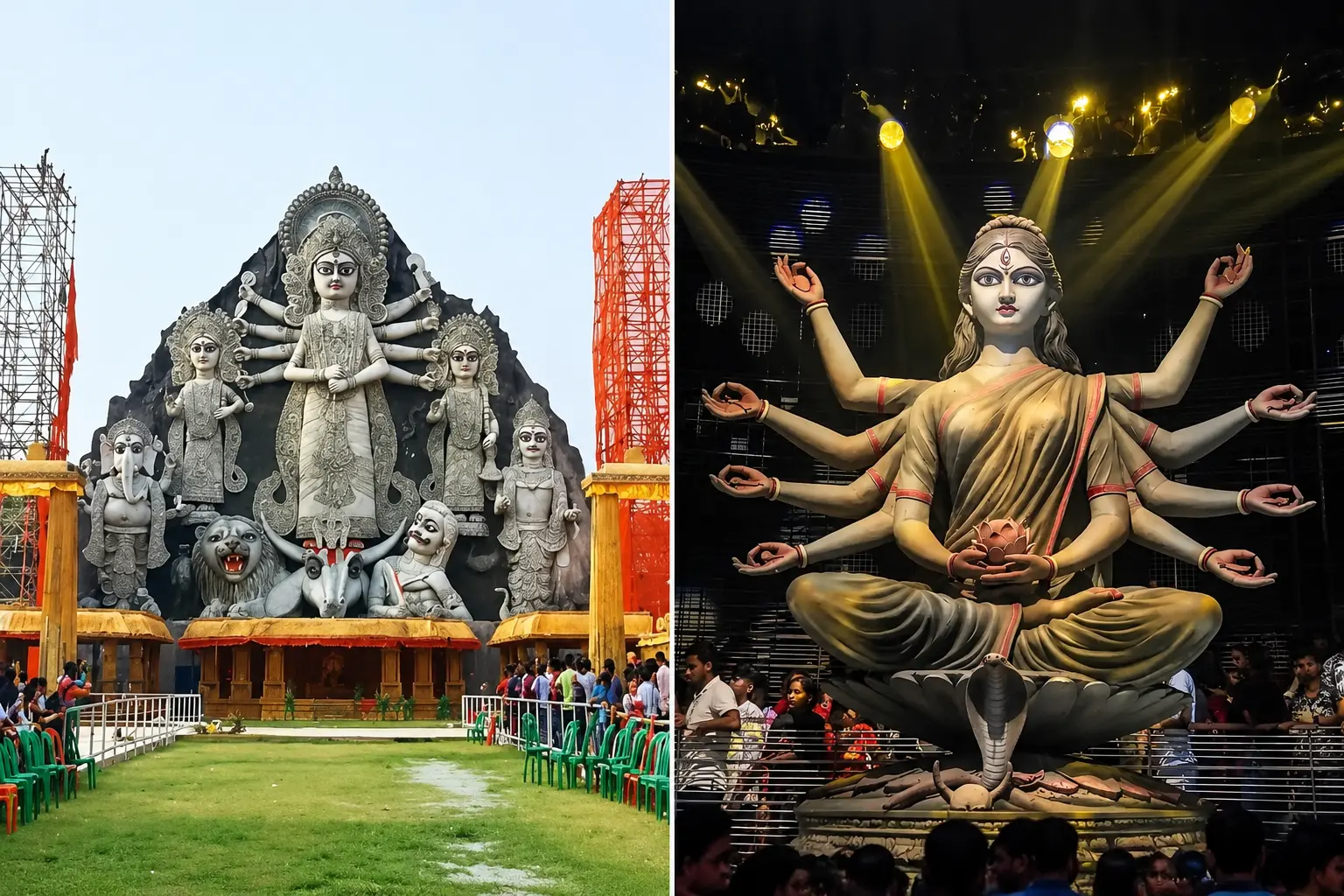 The Durga idols at Deshapriya Park in 2015 (left) and Chorbagan Sarbojanin in 2026 (right), linked to two crowd-control incidents in Kolkata during Durga Puja.
