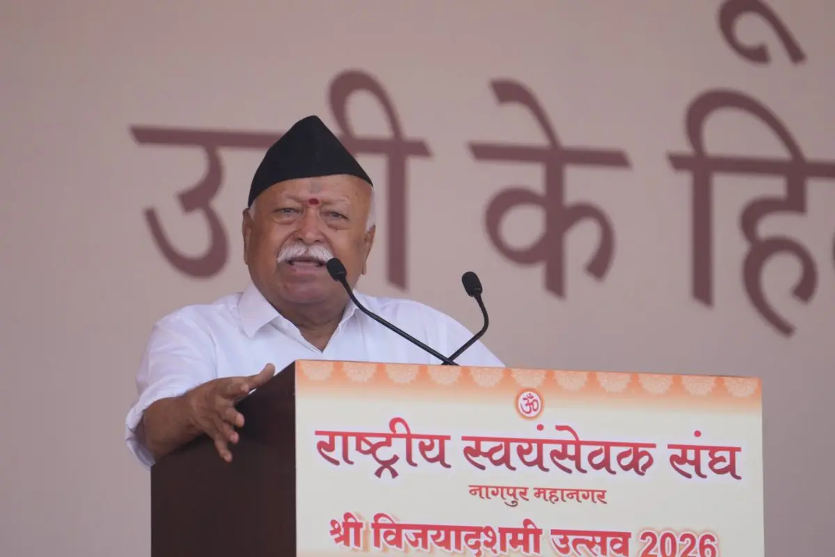 RSS Sarsanghchalak Mohan Bhagwat addresses the 'RSS Vijayadashami Utsav', in Nagpur, Maharashtra. | (@RSSorg/X via PTI Photo)