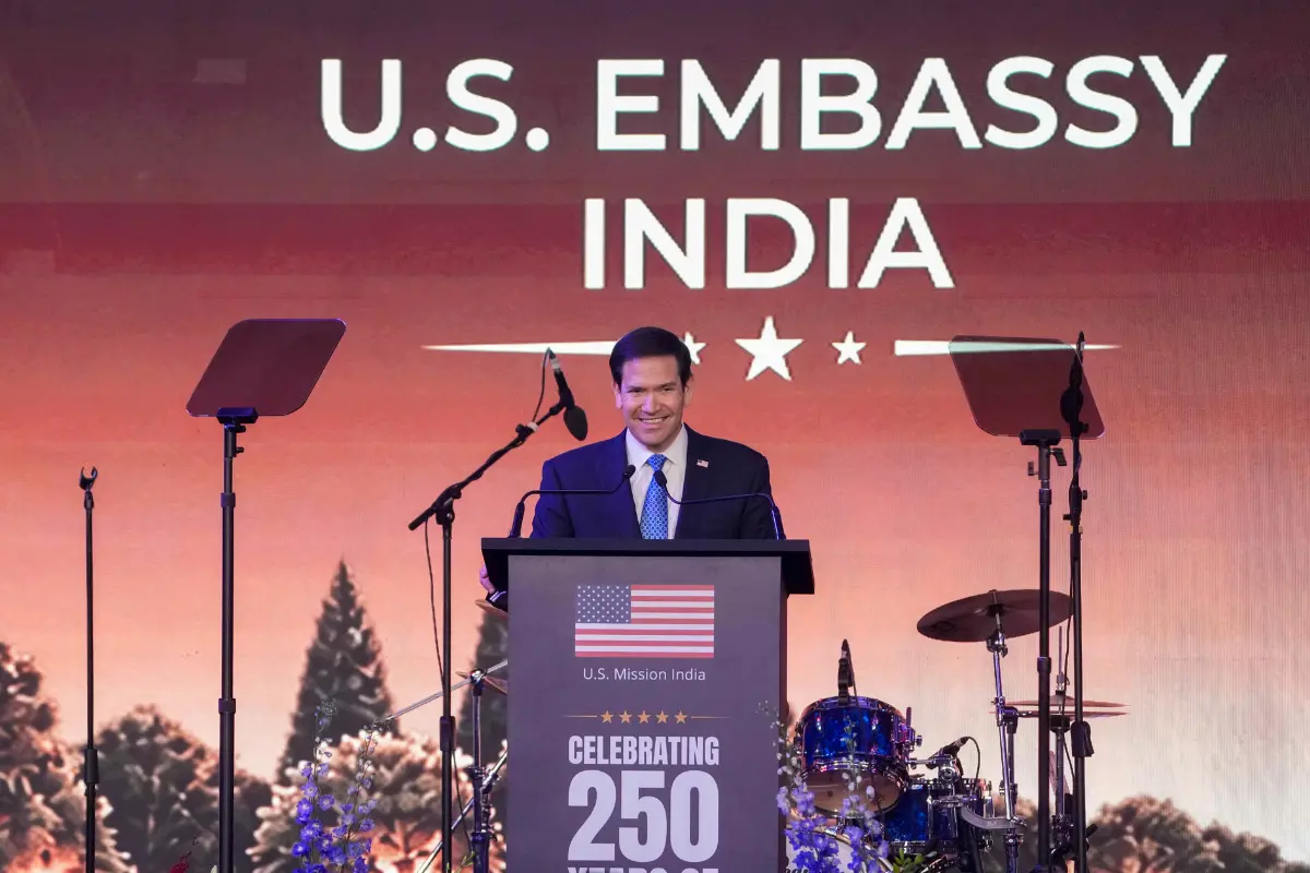 United States Secretary of State Marco Rubio addresses the gathering during the 'Freedom 250' event celebrating the 250th anniversary of American Independence, in Mumbai | Photo: PTI
