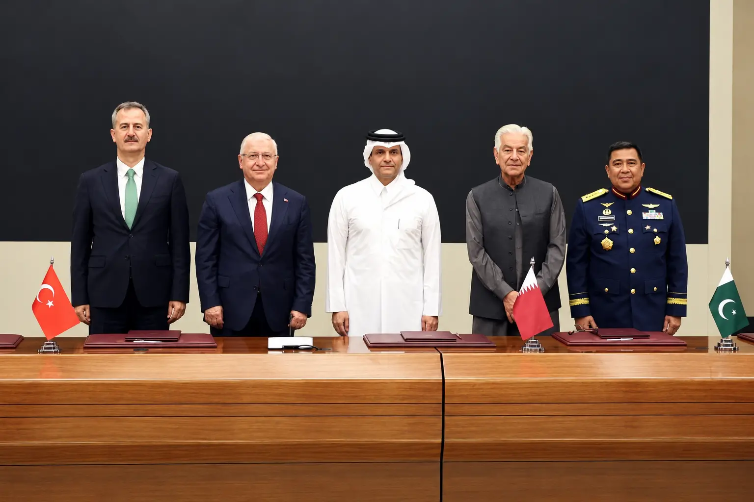 Officials from Turkey, Qatar, Pakistan and Indonesia pose for a photograph during a defence cooperation meeting in Doha, where the four countries signed the Badr Memorandum of Understanding on October 21, 2026.