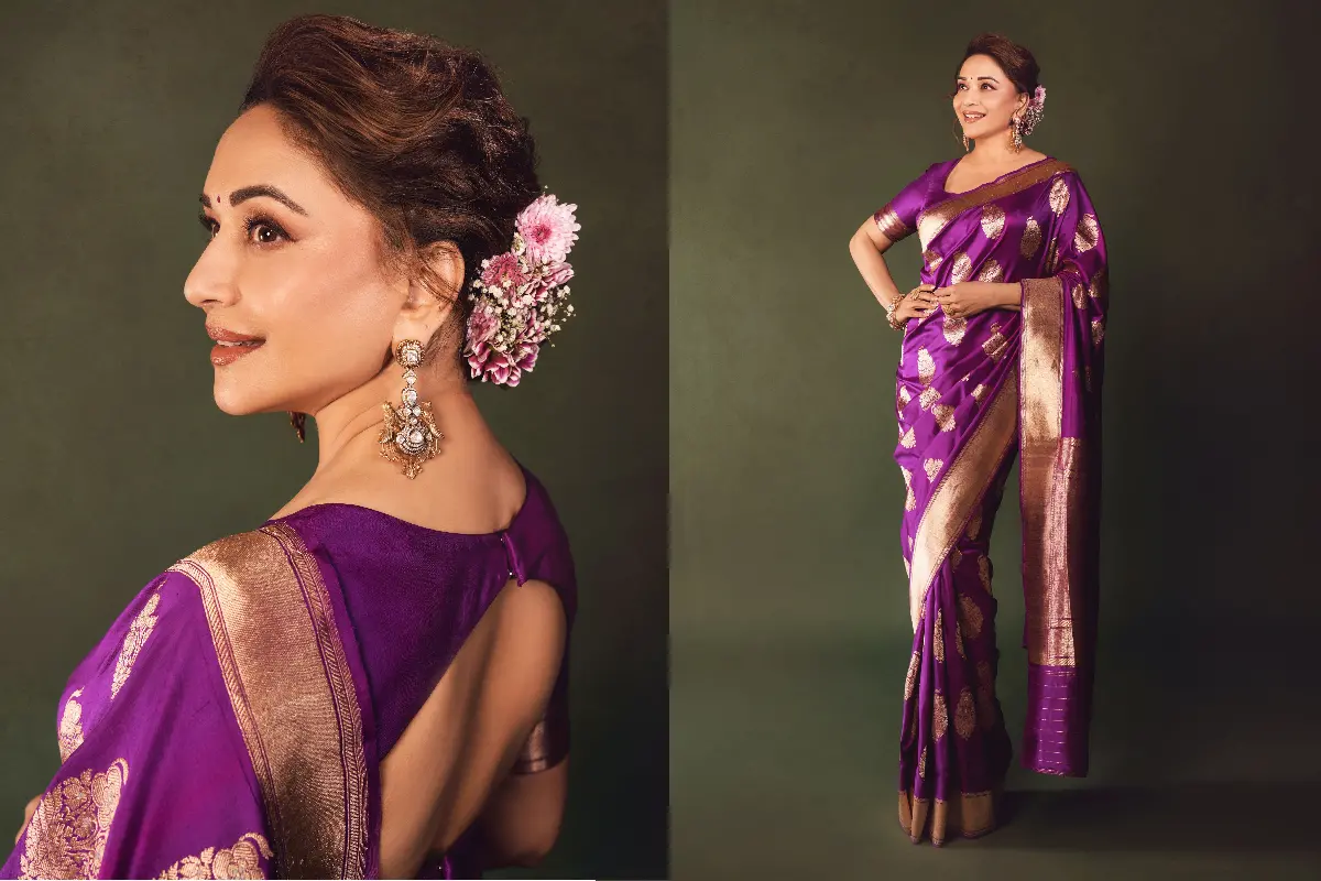 Madhuri Dixit Nene wears a purple Banarasi brocade sari from Raw Mango. Photos | Instagram