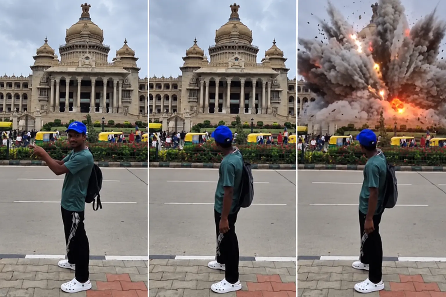 An AI-generated video falsely depicts a massive explosion at Bengaluru's Vidhana Soudha, prompting police to arrest a 25-year-old man. No actual blast was reported.