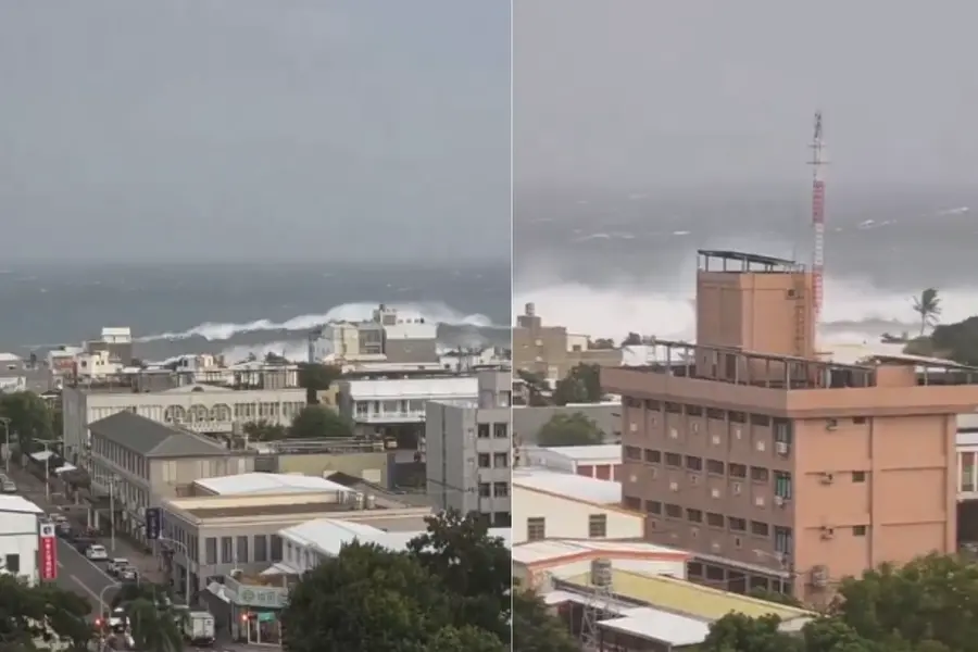 Visuals show massive waves battering the coast near a town in Taiwan
