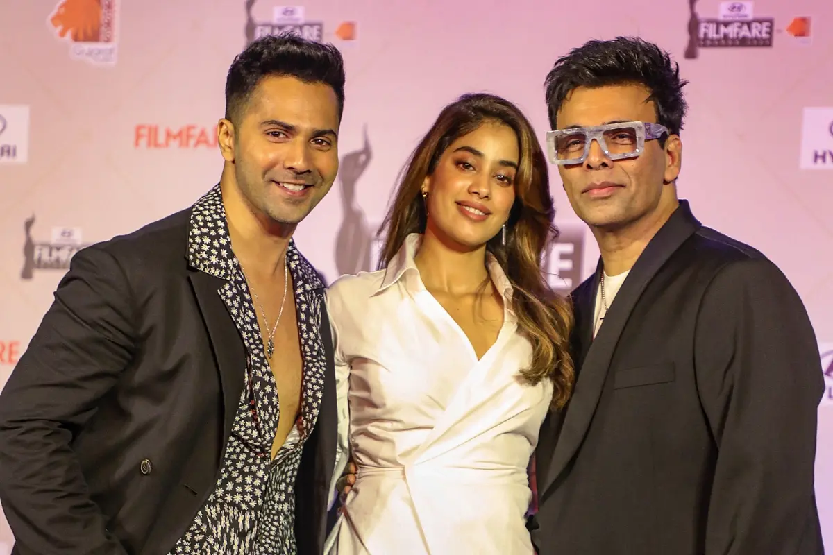 Varun Dhawan, Janhvi Kapoor, Karan Johar | Photo: PTI