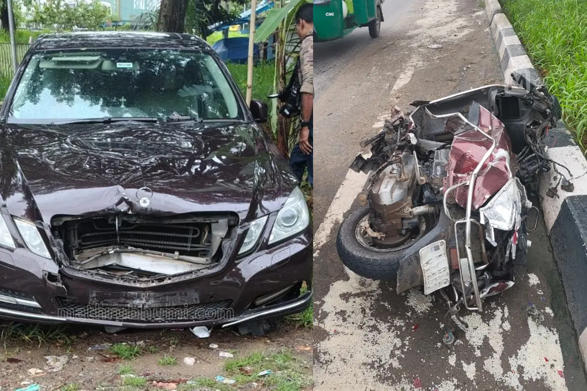 എറണാകുളം ചേരാനല്ലൂരിൽ അപകടത്തിനിടയാക്കി ബെൻസ് കാറും അപകടത്തിൽ തകർന്ന സ്കൂട്ടറും