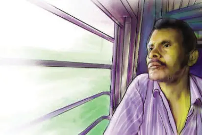 തീവണ്ടിയുടെ കോച്ചിൽ ഒരു റെയിൽവേ സ്റ്റേഷൻ