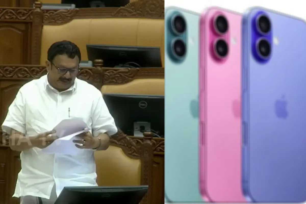 Kerala Health Minister K. Muraleedharan speaks in the Assembly (left), Iphones - representative image