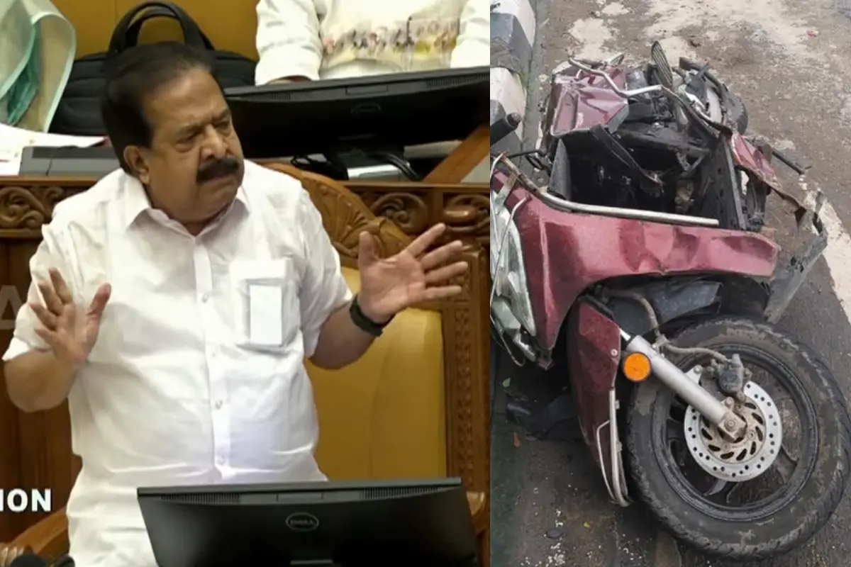 രമേശ് ചെന്നിത്തല സഭയിൽ സംസാരിക്കുന്നു, അപകടത്തിൽപെട്ട സ്കൂട്ടർ