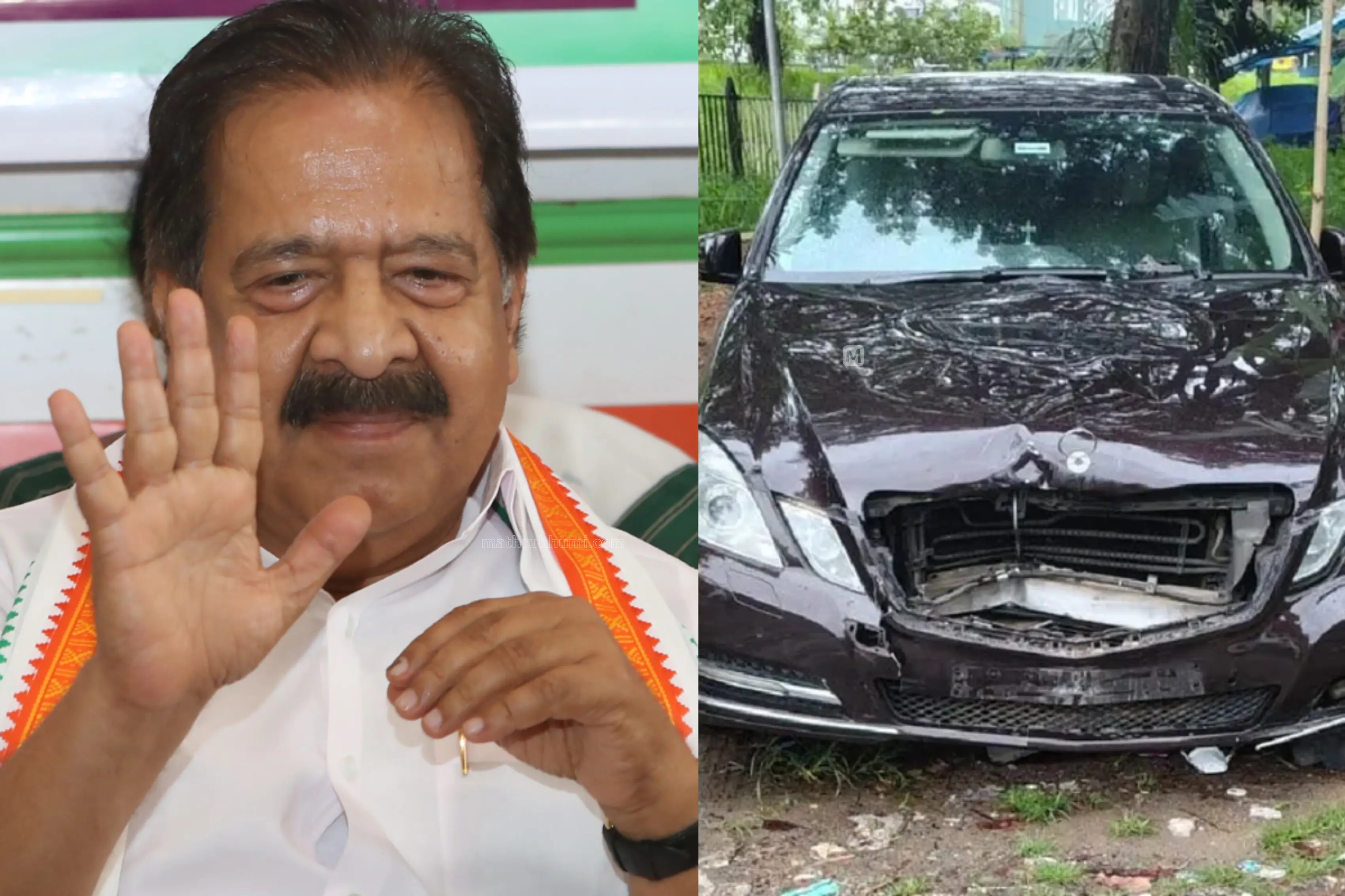 രമേശ് ചെന്നിത്തല, അപകടമുണ്ടാക്കിയ ബെൻസ് കാർ | Photo: മാതൃഭൂമി