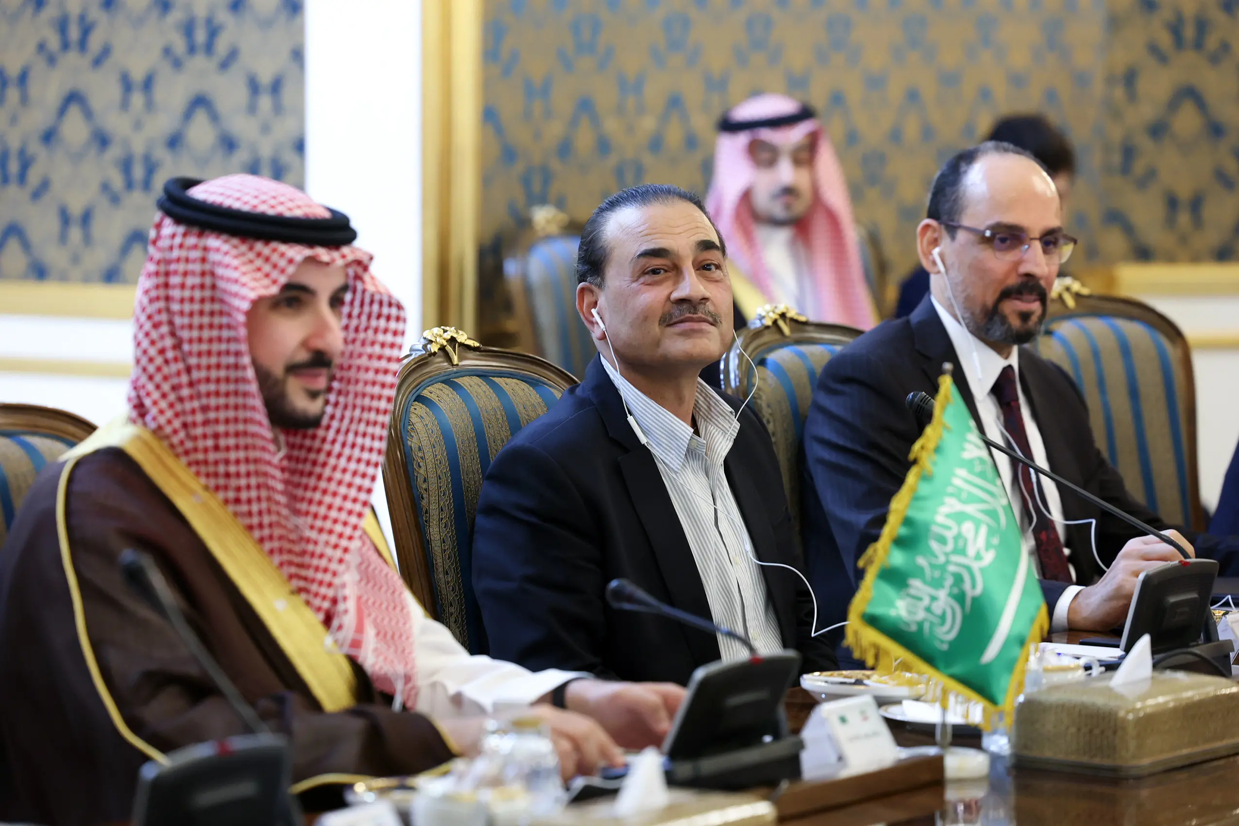 Asim Munir, center, Ibrahim Kalin, the head of Turkey's intelligence service, right, and Saudi Arabia's Defense Minister Khalid bin Salman, left, attend a meeting of high-level delegations from Saudi Arabia, Pakistan and Turkey with Iranian President Masoud Pezeshkian and other top Iranian officials in Tehran, Iran.| Photo: PTI