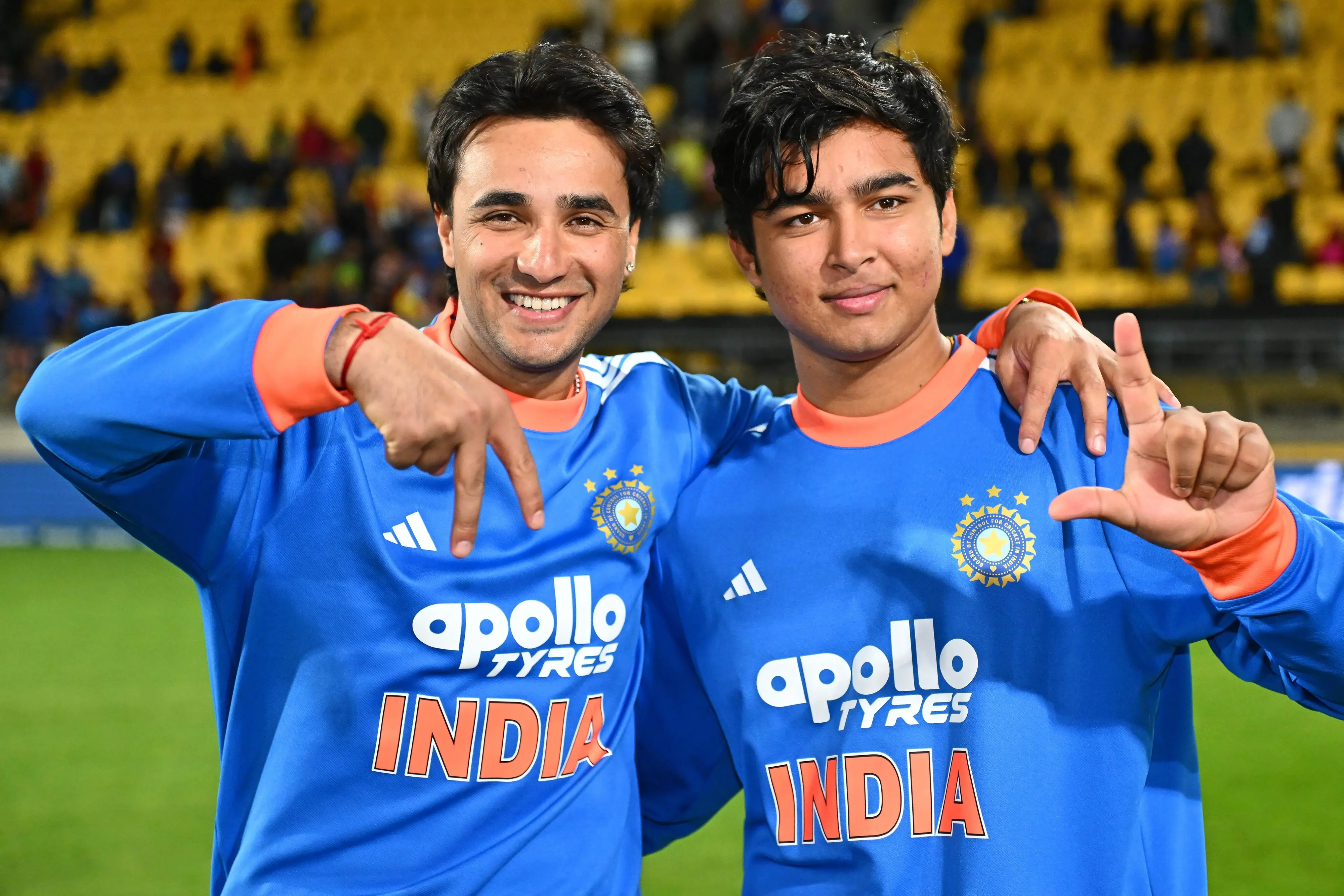 India's Abhishek Sharma, left, and Vaibhav Sooryavanshi gesture after winning the third T20 cricket international match against New Zealand in Wellington, New Zealand | Photo: PTI