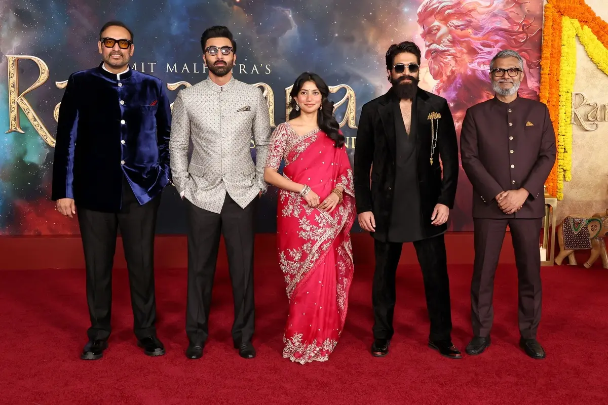 (L-R) Namit Malhotra, Ranbir Kapoor, Sai Pallavi, Yash, and Nitesh Tiwari attend the Los Angeles premiere of 'Ramayana: Rise Of A Legend' at the Academy Museum of Motion Pictures on October 27, 2026, in Los Angeles, California. (Photo: AFP)