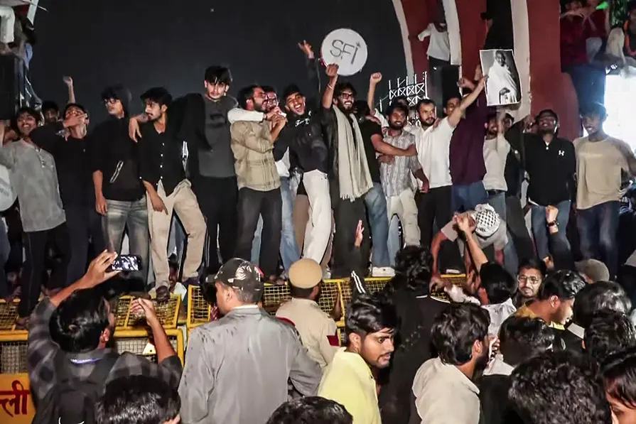 Students celebrate at Jamia Millia Islamia (JMI) University as JMI sets May 15, 2027, as the deadline for completing the approval and implementation of its students’ union constitution, with elections to be held within six weeks of the commencement of the next academic session