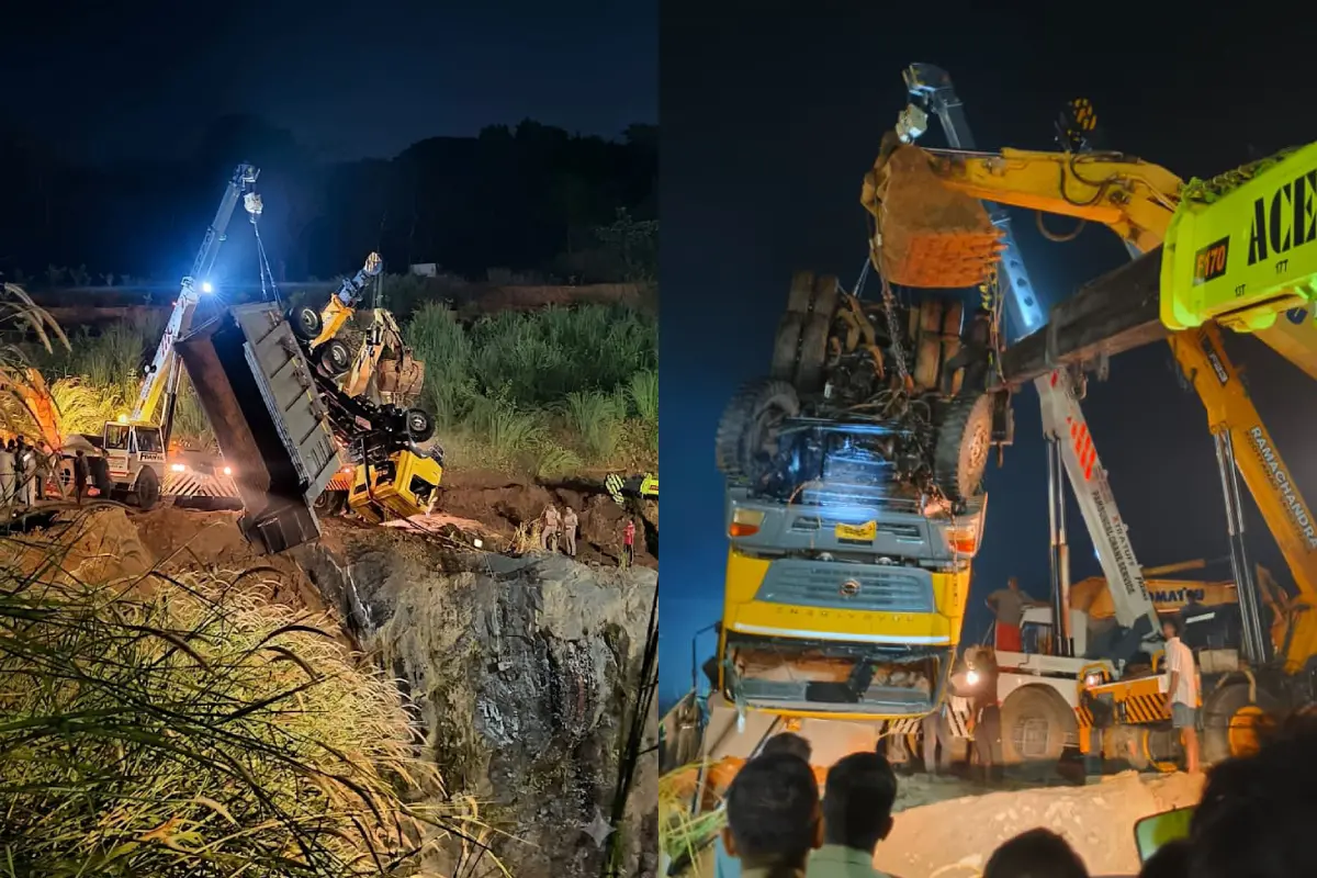 പാലക്കാട് കറുകപുത്തൂരിൽ പാറമടയിലേക്ക് വീണ ലോറി ഇന്ന് പുലർച്ചെ മൂന്ന് ക്രെയിനുകൾ ഉപയോഗിച്ച് കരയിലേക്ക് കയറ്റുന്നതിൻ്റെ ദൃശ്യം