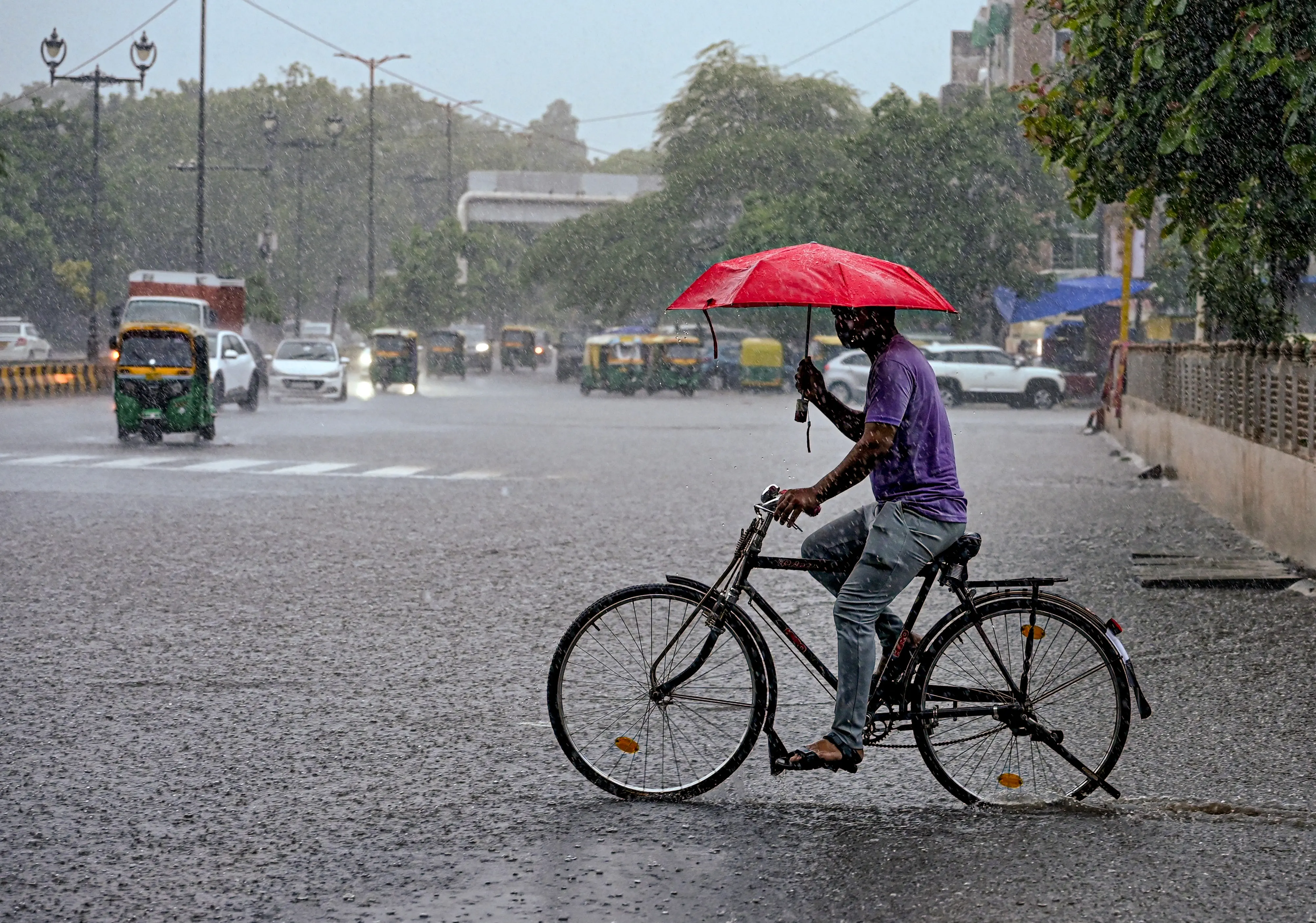 A man cycles through a waterlogged road amid heavy rain, in the Nizamuddin area, New Delhi.| Photo: PTI