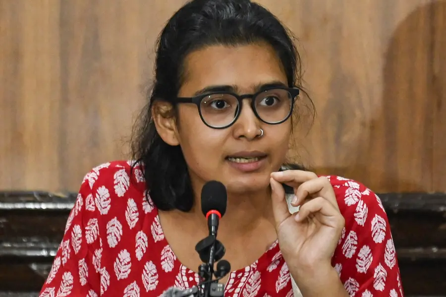 New Delhi, Oct 29 (ANI): All India Students' Association (AISA) National President Neha Bora addresses a press conference regarding the Election Commission’s affidavit at the Press Club of India, in New Delhi on Thursday. (ANI Photo/Sumit)