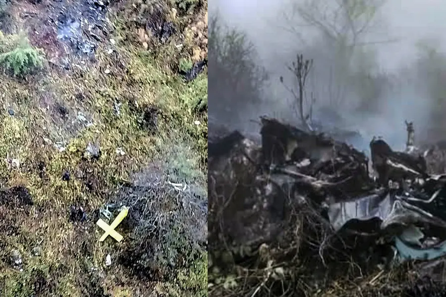 An aerial view of the crash site where a private helicopter operated by Trans Bharat Aviation crashed-Wreckage and smoke seen at the site where a private helicopter operated by Trans Bharat Aviation crashed | Photos: PTI