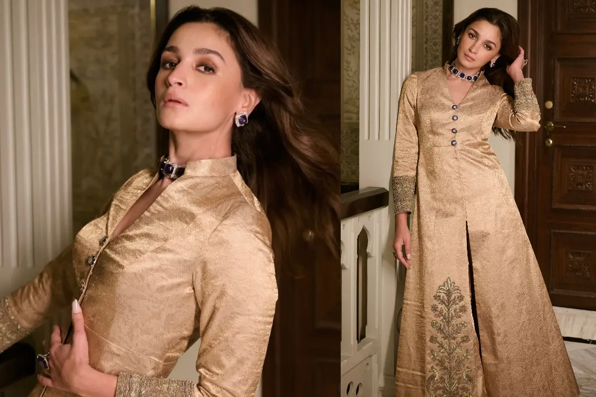 Alia Bhatt makes a statement in a custom gold Banarasi kalidar jacket designed by Mayyur Girotra. Photos | X