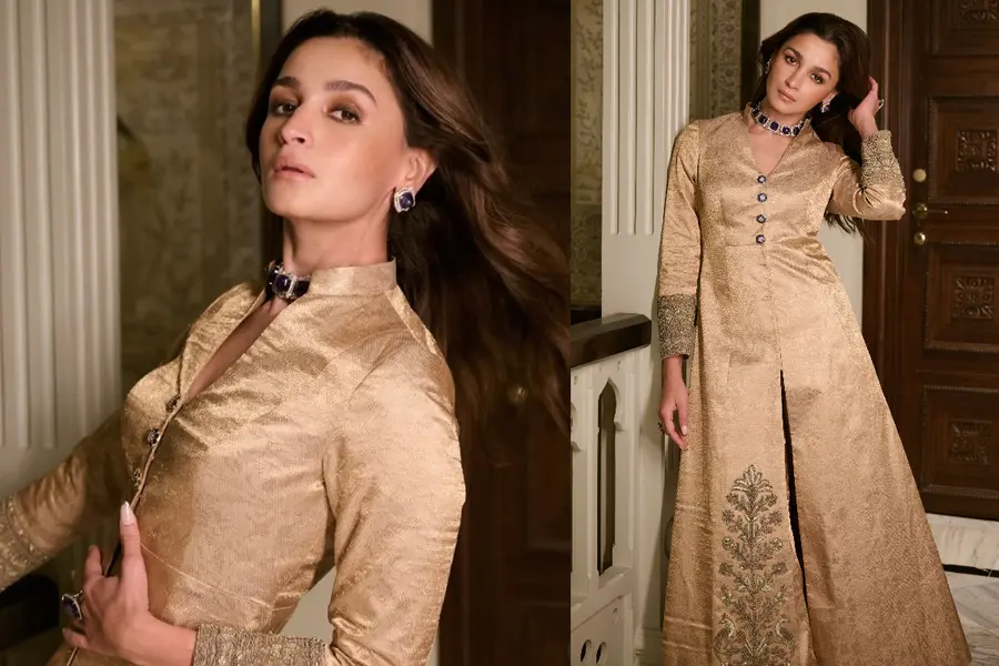 Alia Bhatt ditches lehengas for a custom gold Banarasi jacket by Mayyur Girotra | Pictures